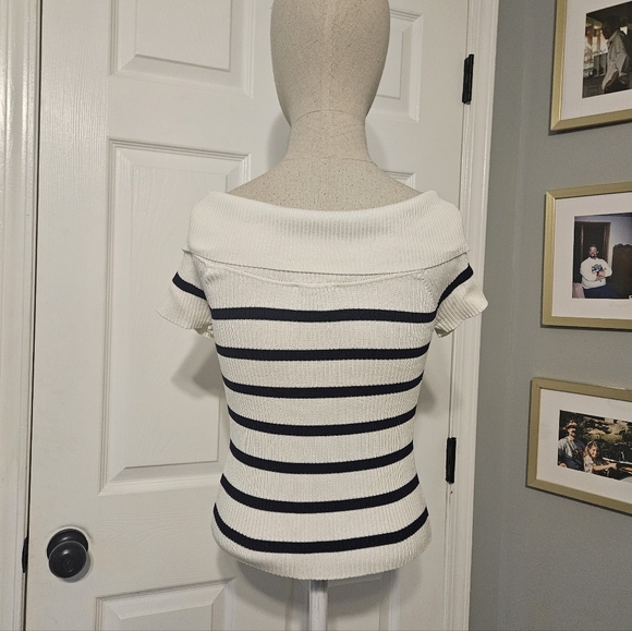 Pink Rose Off-the-Shoulder Sweater in White and Navy - Picture 4 of 6